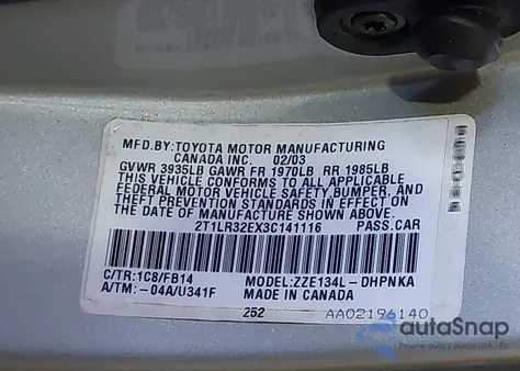 2003 Toyota Matrix Xr from USA, damaged, VIN 2T1LR32EX3C141116